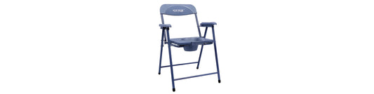 Foldable steel commode chair with armrests and backrest for elderly or patients