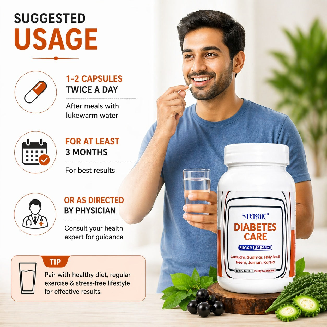 STERGIC Diabetes Care Capsules โ Ayurvedic Sugar Balance Support | 60 Capsules
