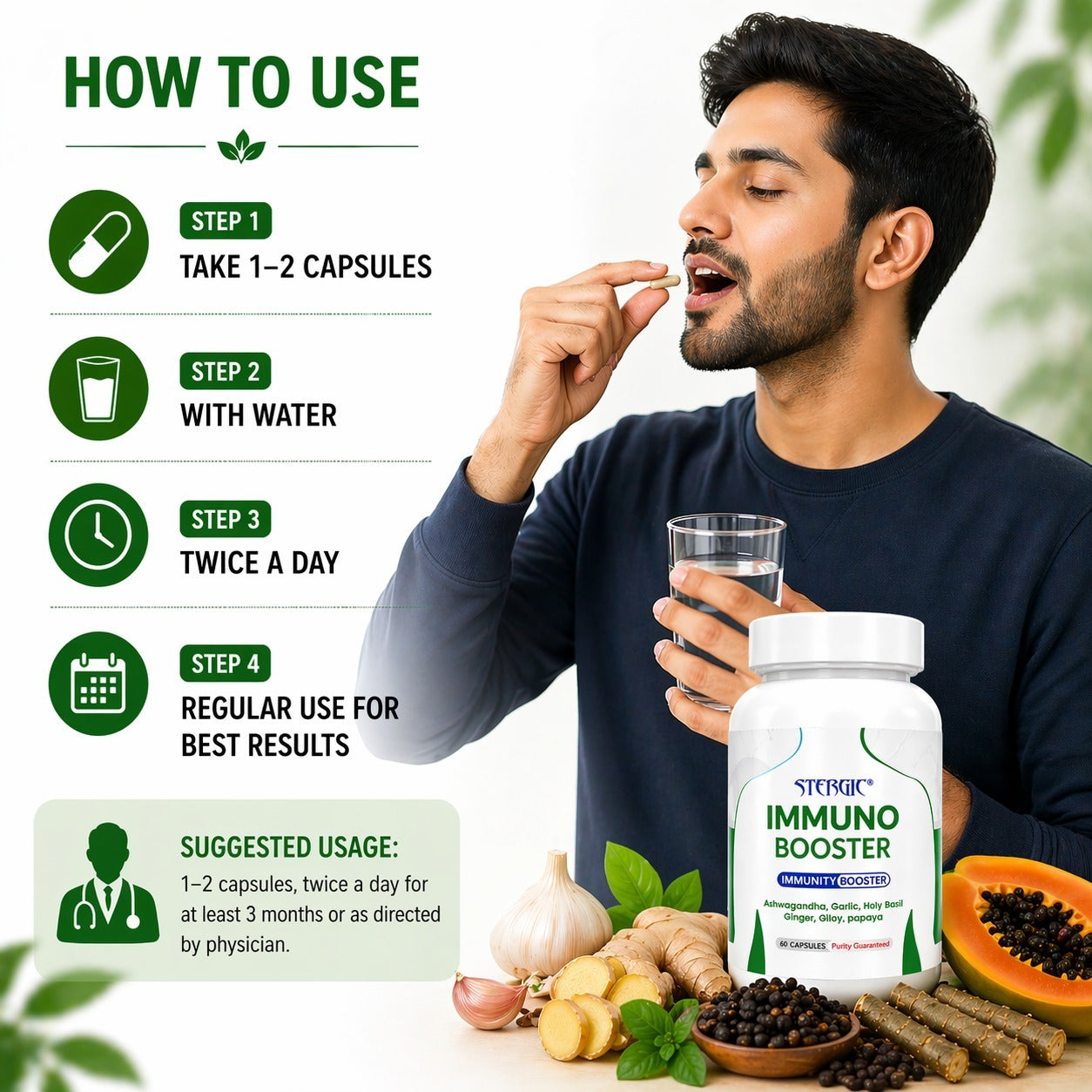 STERGIC Immunity Booster Capsules – Ayurvedic Immune Support | 60 Capsules