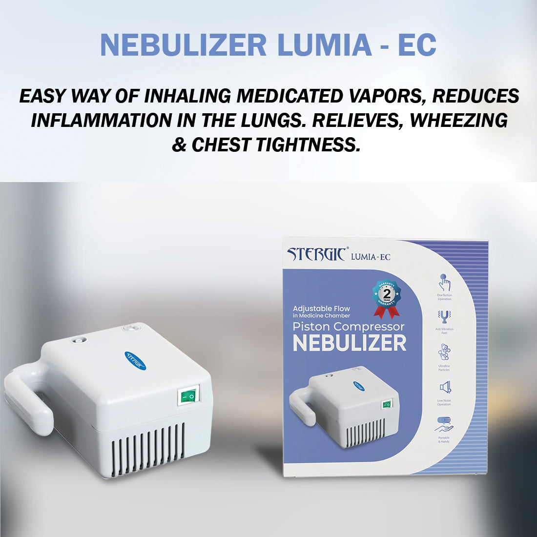 STERGIC Lumia-EC Piston Compressor Nebulizer with Adjustable Flow Medicine Chamber, White