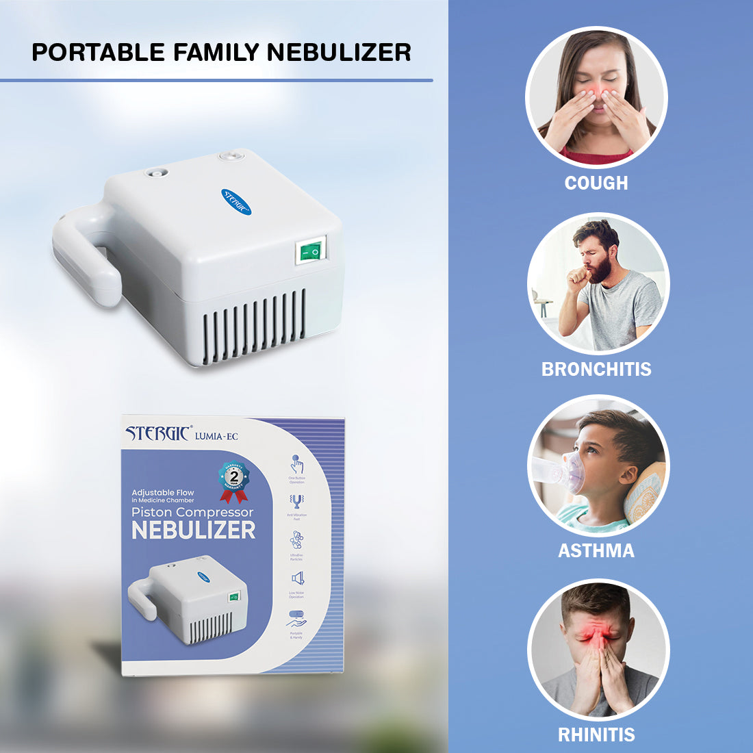 STERGIC Lumia-EC Piston Compressor Nebulizer with Adjustable Flow Medicine Chamber, White