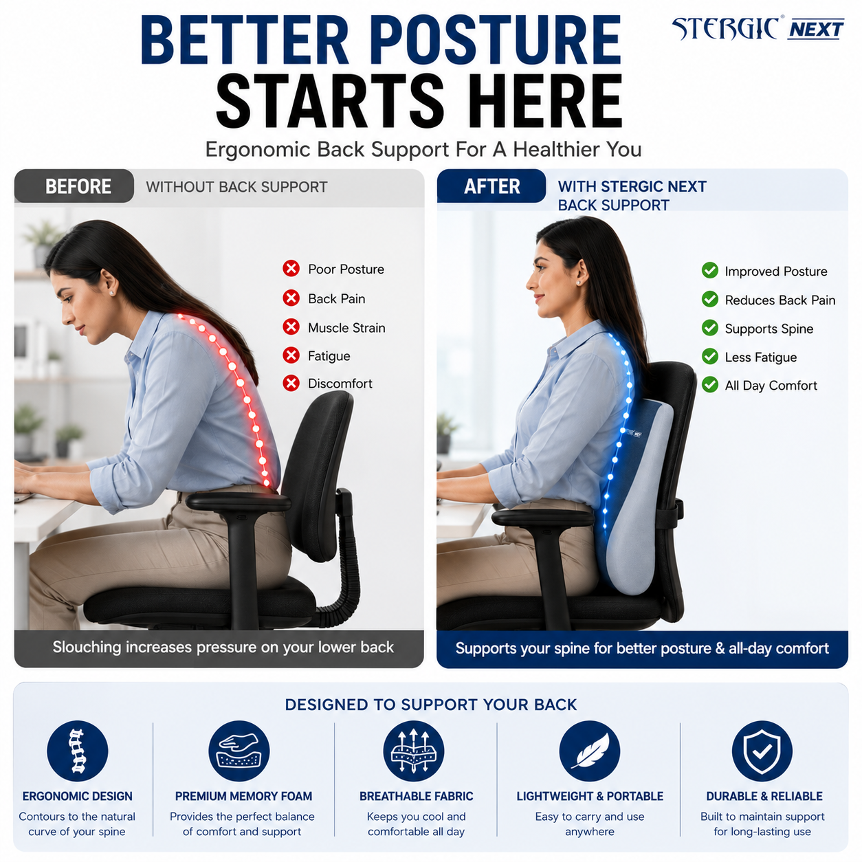 STERGIC Next Memory Foam Lumbar Support for Chair - Back Cushion