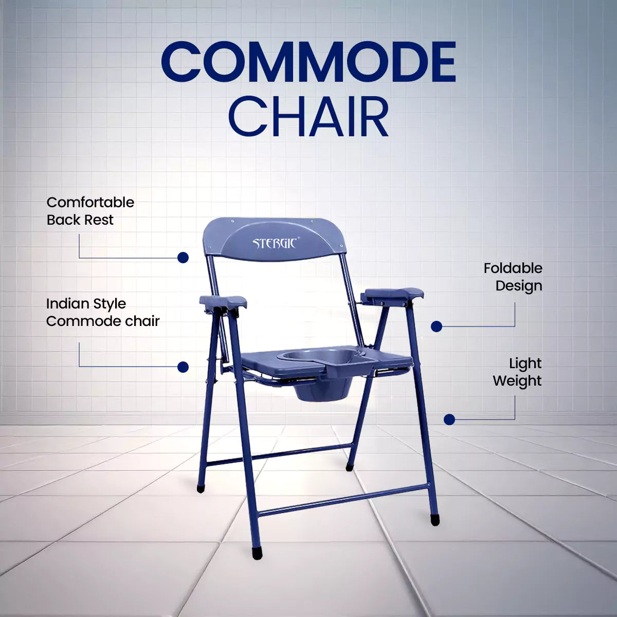 STERGIC NEXT Foldable Anti-Slip Shower Commode Chair for Toilet with Stainless Steel Frame, Sturdy, 120Kg Capacity