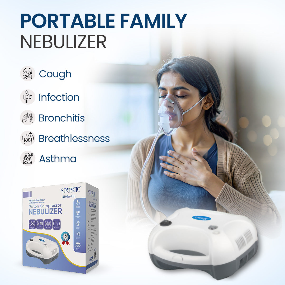 Stergic Lumia-HC Piston Compressor Nebulizer, Adjustable Flow Medicine Chamber, for Wheezing and Chest Tightness Relief