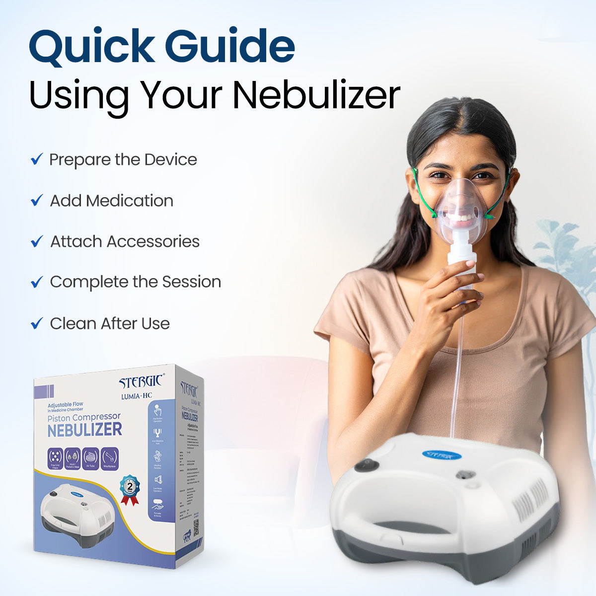 Stergic Lumia-HC Piston Compressor Nebulizer, Adjustable Flow Medicine Chamber, for Wheezing and Chest Tightness Relief