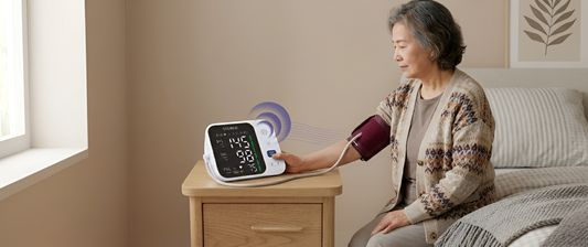 Elderly woman checking BP with Digital BP Monitor