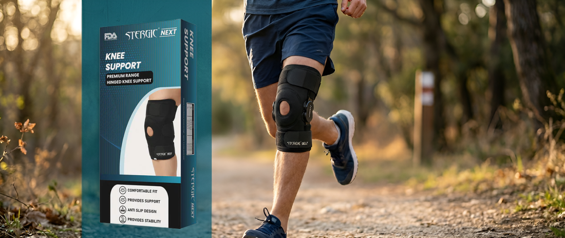 Stergic hinged knee support brace for knee pain relief, stability and injury recovery
