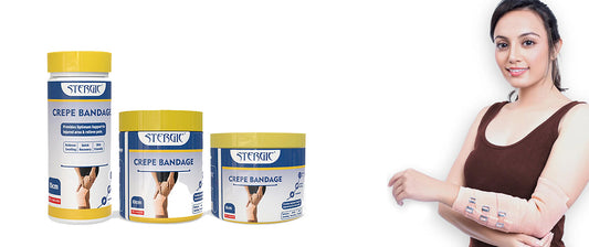 Stergic cotton crepe bandage with flexible clips — 4m roll, beige, for sprains and muscle compression