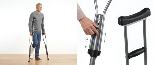 Adult using adjustable auxiliary crutches for mobility assistance during leg injury recovery
