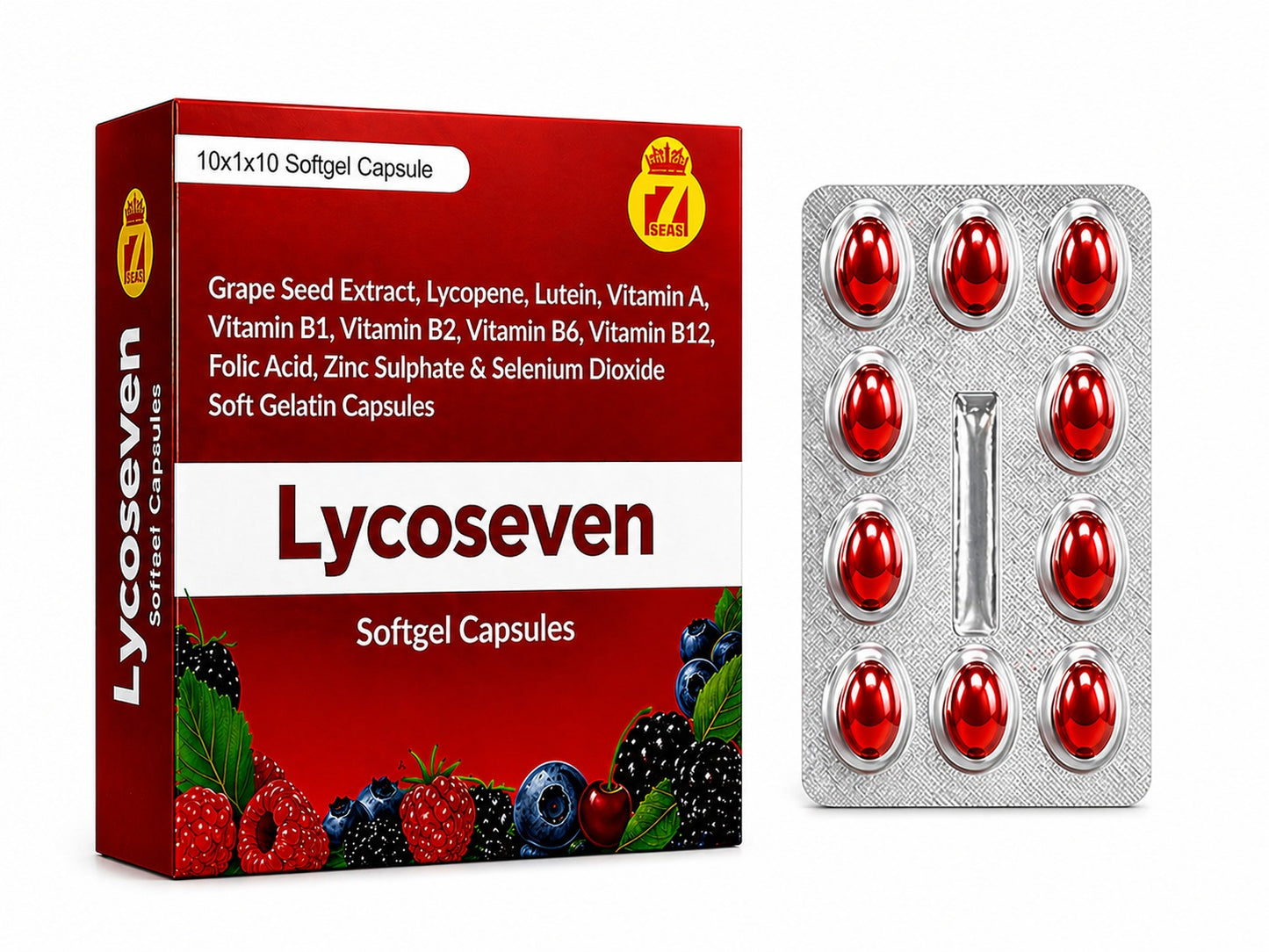 STERGIC Lycoseven Softgel Capsules | Lycopene 5000mcg, Grape Seed Extract, Lutein, Vitamins A B1 B2 B6 B12, Folic Acid, Zinc & Selenium | Antioxidant for Eye Health, Heart Protection, Skin Glow & Immunity | 10 Softgel Capsules |