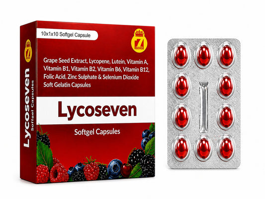 STERGIC Lycoseven Softgel Capsules | Lycopene 5000mcg, Grape Seed Extract, Lutein, Vitamins A B1 B2 B6 B12, Folic Acid, Zinc & Selenium | Antioxidant for Eye Health, Heart Protection, Skin Glow & Immunity | 10 Softgel Capsules |
