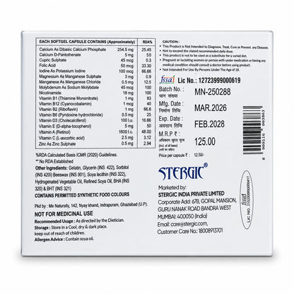 STERGIC StergiVita Multivitamin Multimineral & Antioxidants Softgel Capsules | With Vitamin A B1 B2 B6 B12 C D3 E, Folic Acid, Calcium, Zinc, Magnesium, Iodine & Selenium | Your Daily Boost of Essential Vitamins & Minerals | 200 Softgel Capsules (20x10)