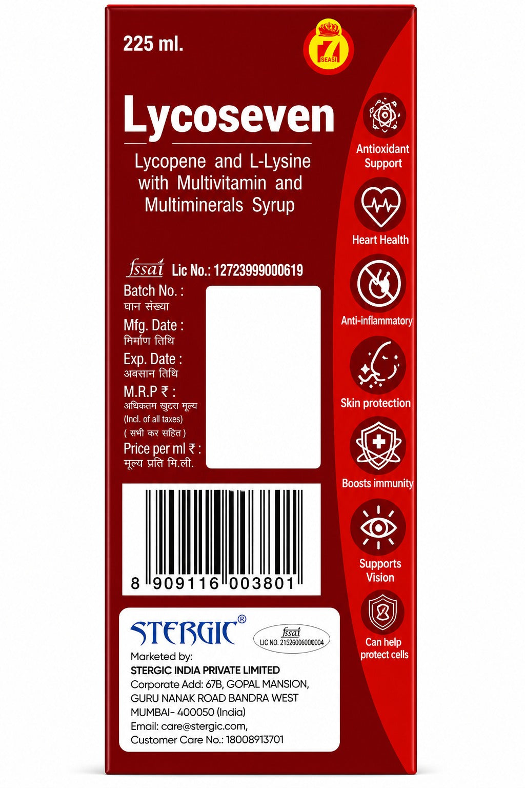 STERGIC Lycoseven Lycopene & L-Lysine Multivitamin Multiminerals Syrup | 225ml