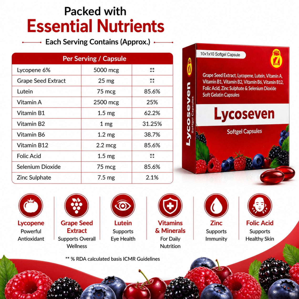STERGIC Lycoseven Softgel Capsules | Lycopene 5000mcg, Grape Seed Extract, Lutein, Vitamins A B1 B2 B6 B12, Folic Acid, Zinc & Selenium | Antioxidant for Eye Health, Heart Protection, Skin Glow & Immunity | 10 Softgel Capsules |