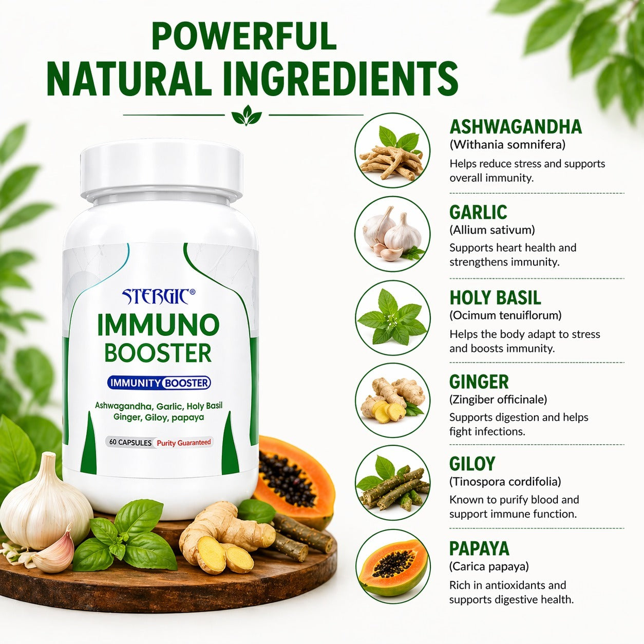 STERGIC Immunity Booster Capsules – Ayurvedic Immune Support | 60 Capsules