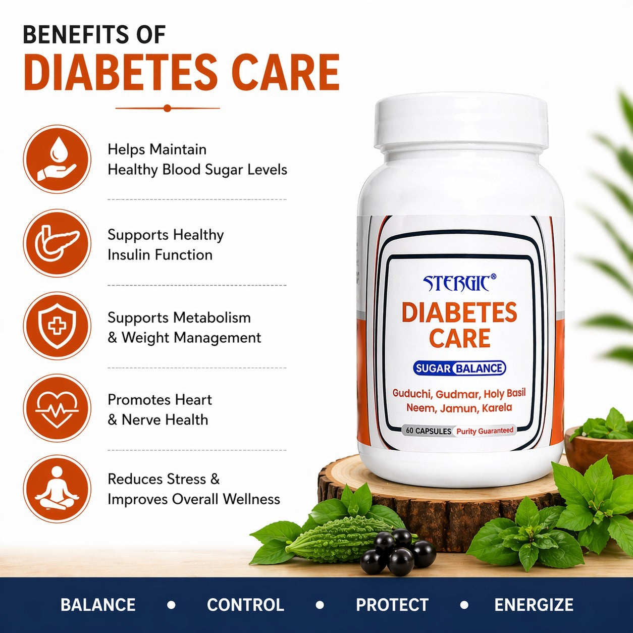 STERGIC Diabetes Care Capsules – Ayurvedic Sugar Balance Support | 60 Capsules