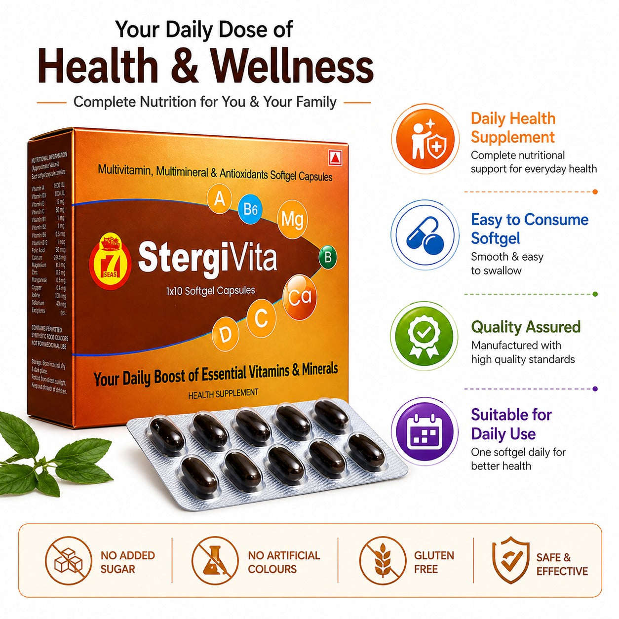 STERGIC StergiVita Multivitamin Multimineral & Antioxidants Softgel Capsules | With Vitamin A B1 B2 B6 B12 C D3 E, Folic Acid, Calcium, Zinc, Magnesium, Iodine & Selenium | Your Daily Boost of Essential Vitamins & Minerals | 200 Softgel Capsules (20x10)