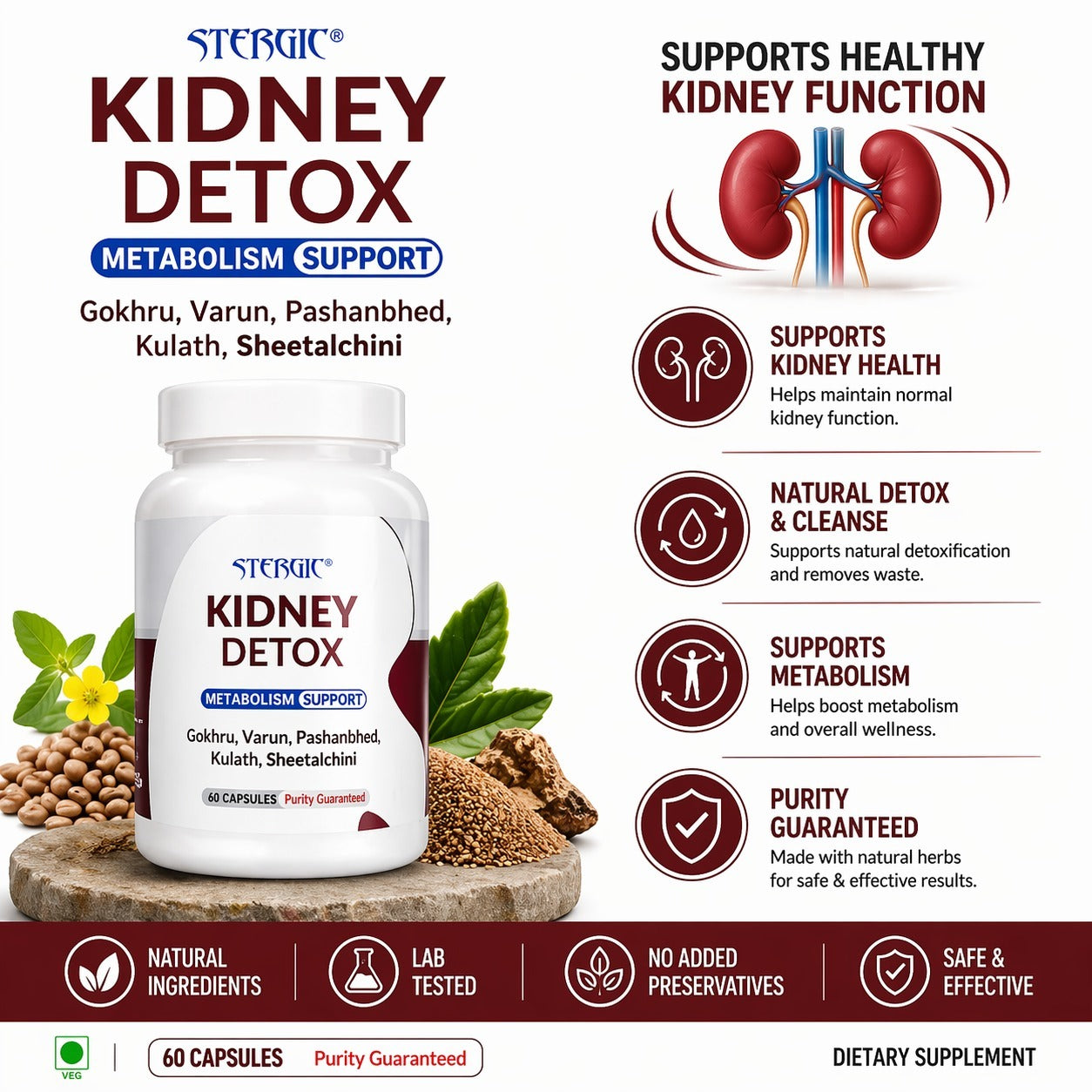 STERGIC Kidney Detox Capsules – Ayurvedic Kidney Cleanse & Metabolism Support | 60 Capsules