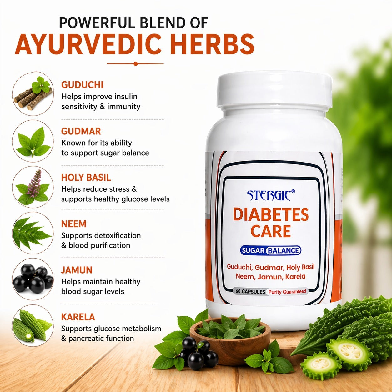 STERGIC Diabetes Care Capsules – Ayurvedic Sugar Balance Support | 60 Capsules