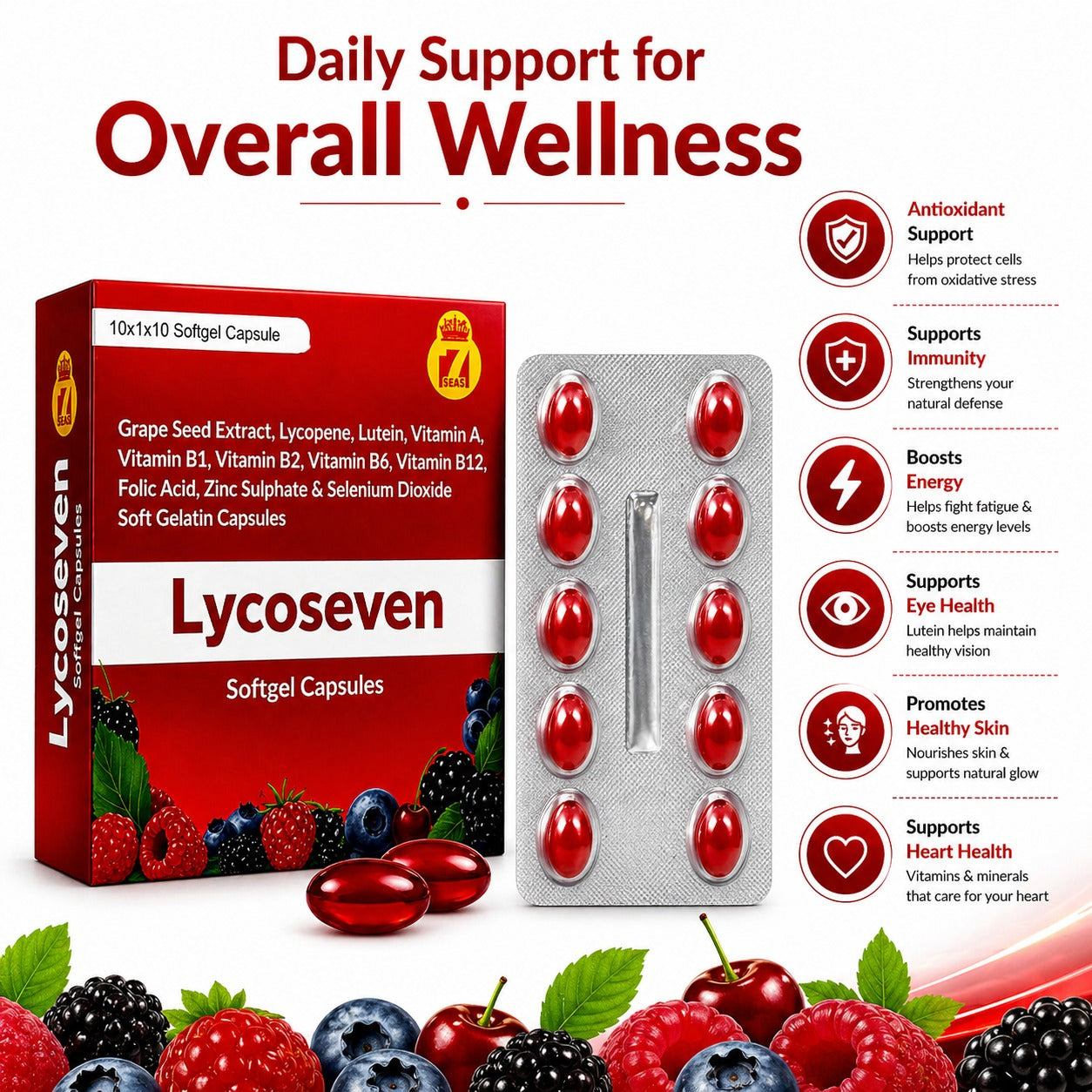 STERGIC Lycoseven Softgel Capsules | Lycopene 5000mcg, Grape Seed Extract, Lutein, Vitamins A B1 B2 B6 B12, Folic Acid, Zinc & Selenium | Antioxidant for Eye Health, Heart Protection, Skin Glow & Immunity | 10 Softgel Capsules |