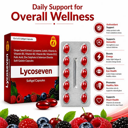 STERGIC Lycoseven Softgel Capsules | Lycopene 5000mcg, Grape Seed Extract, Lutein, Vitamins A B1 B2 B6 B12, Folic Acid, Zinc & Selenium | Antioxidant for Eye Health, Heart Protection, Skin Glow & Immunity | 10 Softgel Capsules |