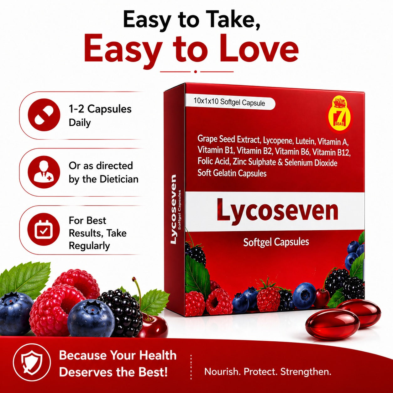 STERGIC Lycoseven Softgel Capsules | Lycopene 5000mcg, Grape Seed Extract, Lutein, Vitamins A B1 B2 B6 B12, Folic Acid, Zinc & Selenium | Antioxidant for Eye Health, Heart Protection, Skin Glow & Immunity | 10 Softgel Capsules |