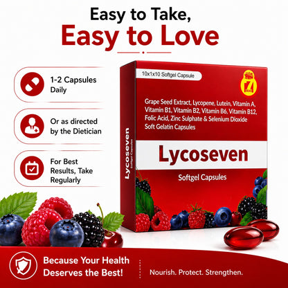 STERGIC Lycoseven Softgel Capsules | Lycopene 5000mcg, Grape Seed Extract, Lutein, Vitamins A B1 B2 B6 B12, Folic Acid, Zinc & Selenium | Antioxidant for Eye Health, Heart Protection, Skin Glow & Immunity | 10 Softgel Capsules |