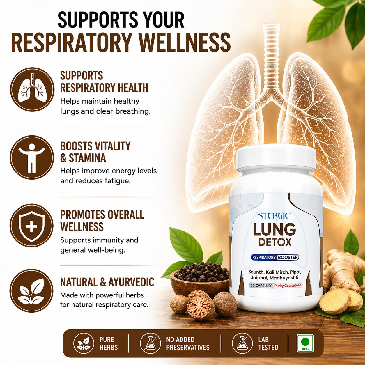 STERGIC Lung Detox Capsules – Ayurvedic Respiratory Support | 60 Capsules