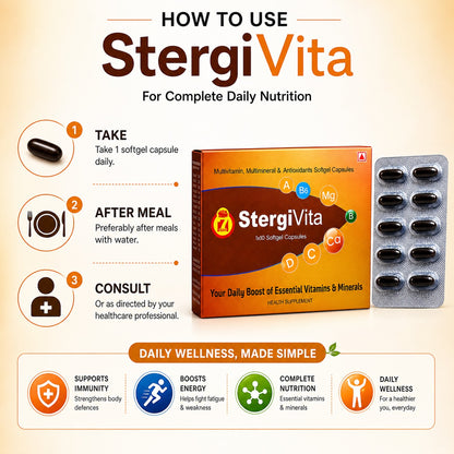 STERGIC StergiVita Multivitamin Multimineral & Antioxidants Softgel Capsules | With Vitamin A B1 B2 B6 B12 C D3 E, Folic Acid, Calcium, Zinc, Magnesium, Iodine & Selenium | Your Daily Boost of Essential Vitamins & Minerals | 200 Softgel Capsules (20x10)