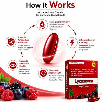 STERGIC Lycoseven Softgel Capsules | Lycopene 5000mcg, Grape Seed Extract, Lutein, Vitamins A B1 B2 B6 B12, Folic Acid, Zinc & Selenium | Antioxidant for Eye Health, Heart Protection, Skin Glow & Immunity | 10 Softgel Capsules |