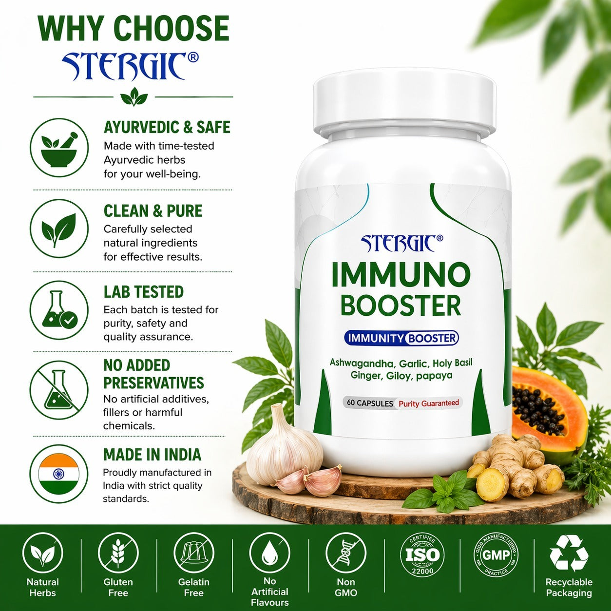 STERGIC Immunity Booster Capsules – Ayurvedic Immune Support | 60 Capsules