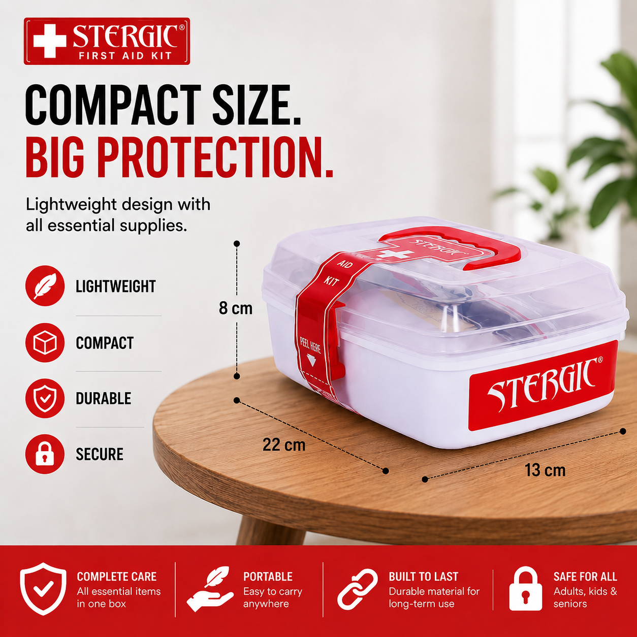 STERGIC First Aid Kit for Home, Compact Medical Emergency Box with Clear Storage Case