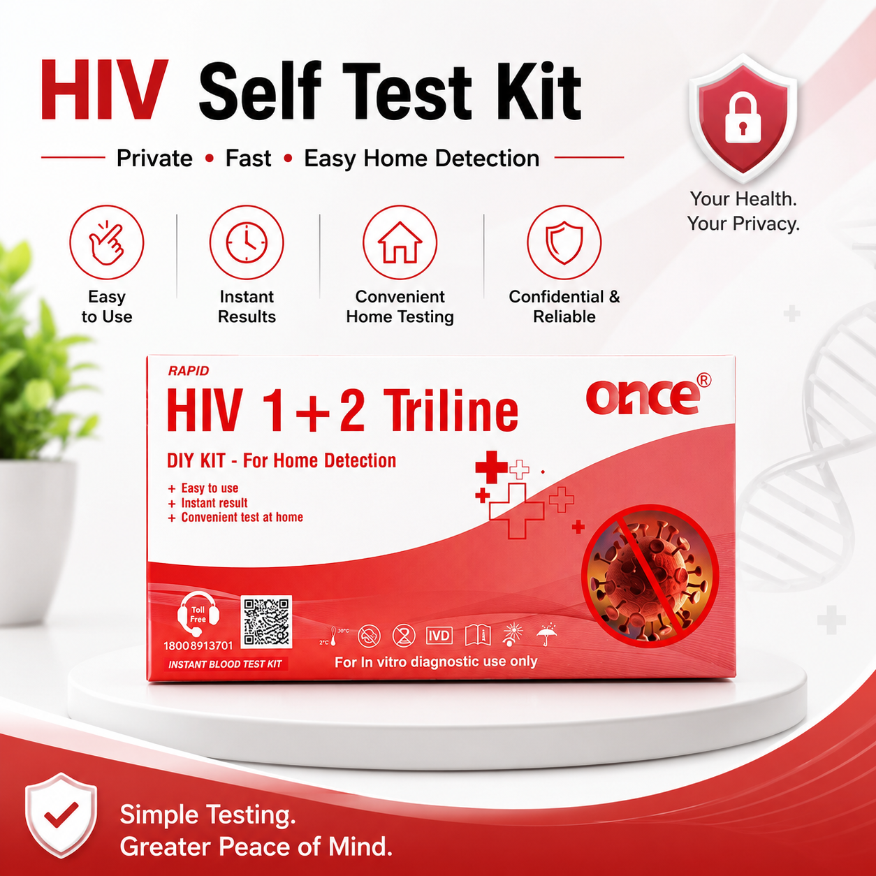 Once Rapid HIV 1+2 Triline Home Detection Kit, Instant Blood Test, DIY Kit for In-vitro Diagnostic Use