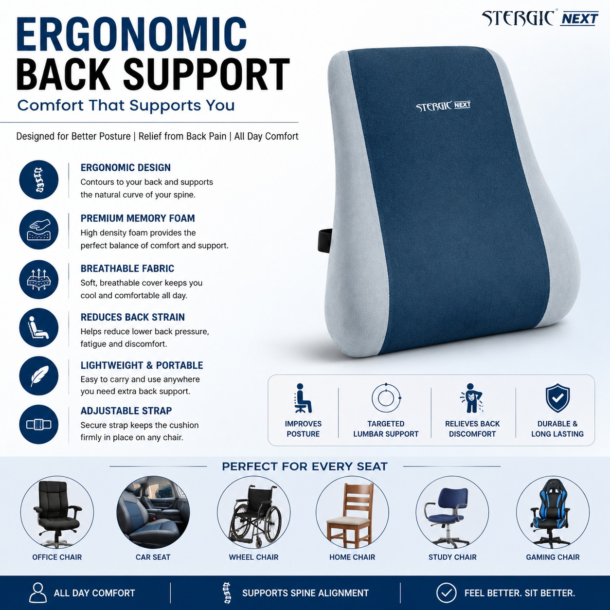 STERGIC Next Memory Foam Lumbar Support for Chair - Back Cushion