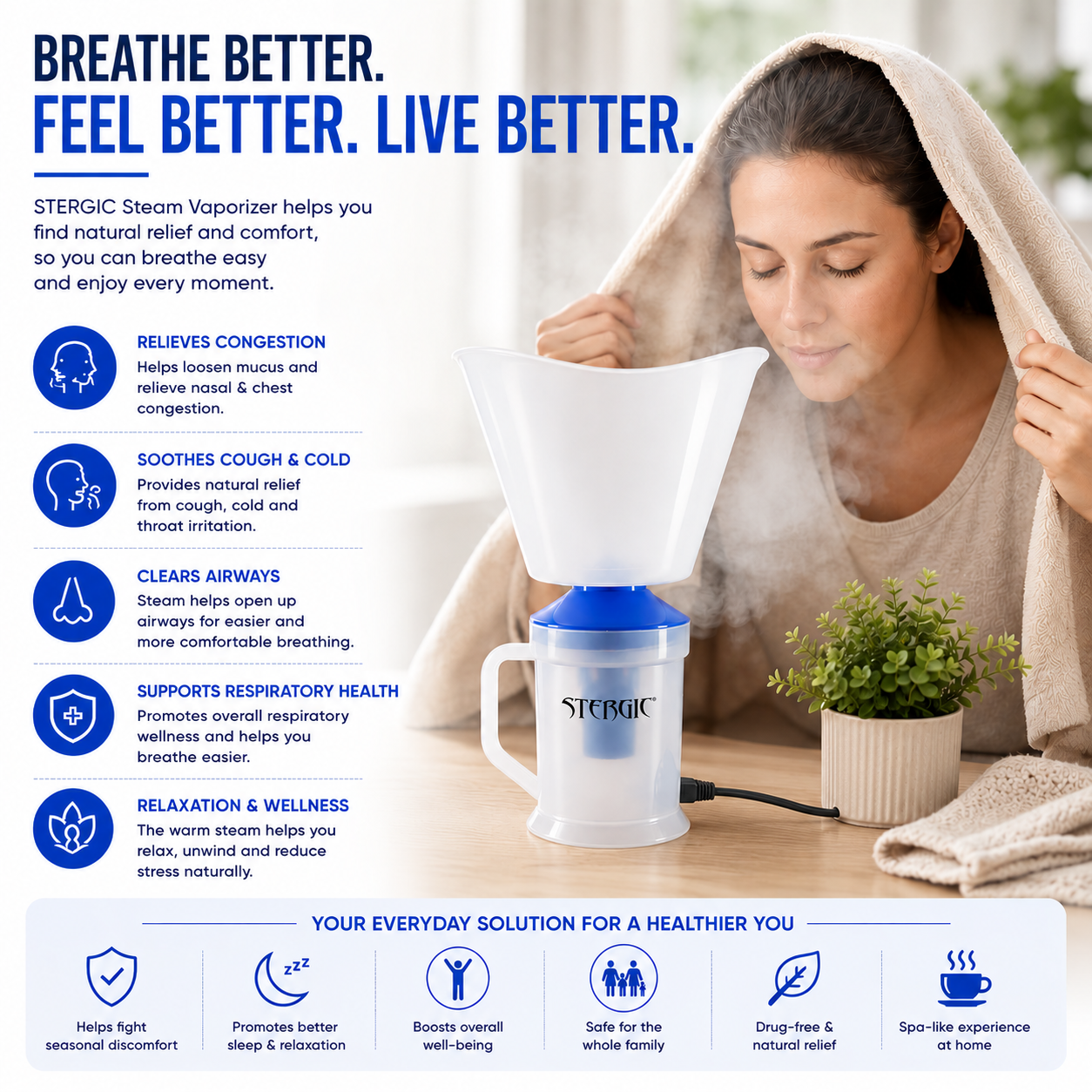 STERGIC LUMIA 3 in 1 Vaporizer Steamer for Cold & Cough Face Mist vaporiser Inhaler Machine Best Suited for Facial,Sauna and Glowing Skin for Adults & Kids - 3 Months Warranty