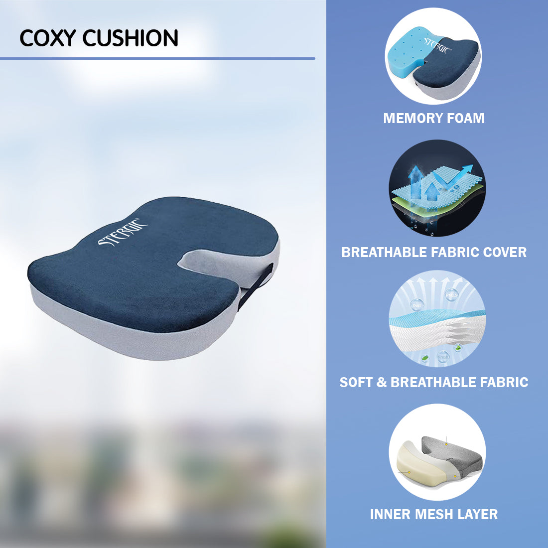 STERGIC NEXT Coccyx Seat Cushion (High Density) with Memory Foam