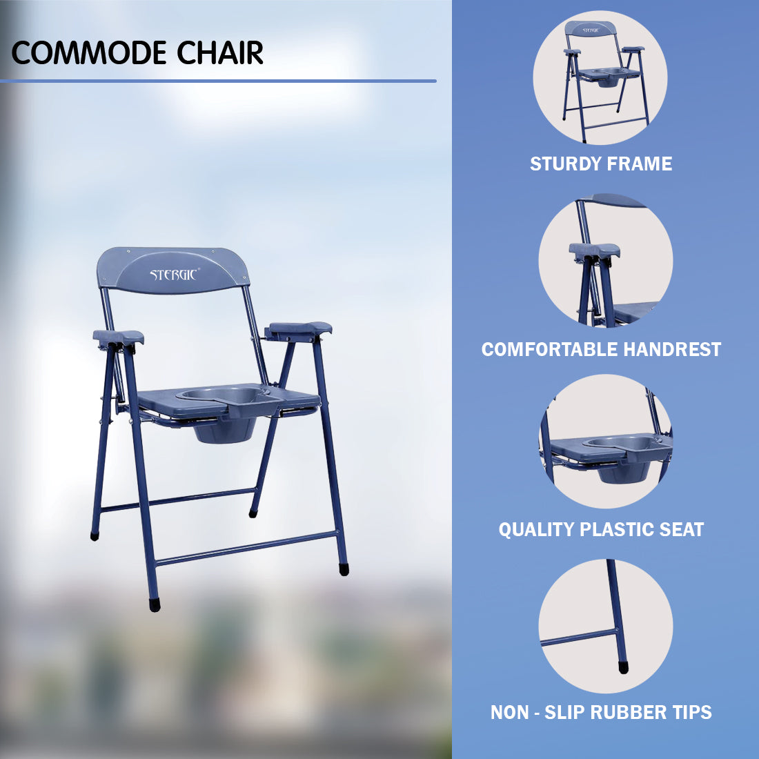 STERGIC NEXT Foldable Anti-Slip Shower Commode Chair for Toilet with Stainless Steel Frame, Sturdy, 150Kg Capacity