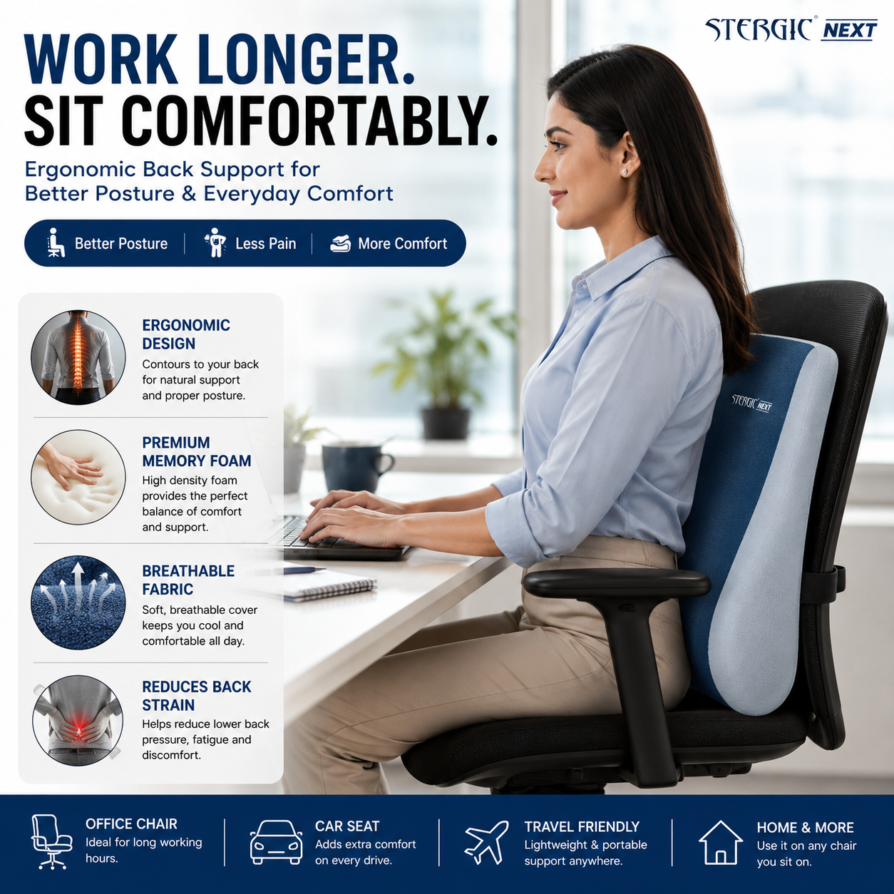 STERGIC Next Memory Foam Lumbar Support for Chair - Back Cushion