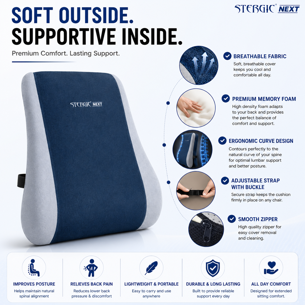 STERGIC Next Memory Foam Lumbar Support for Chair - Back Cushion