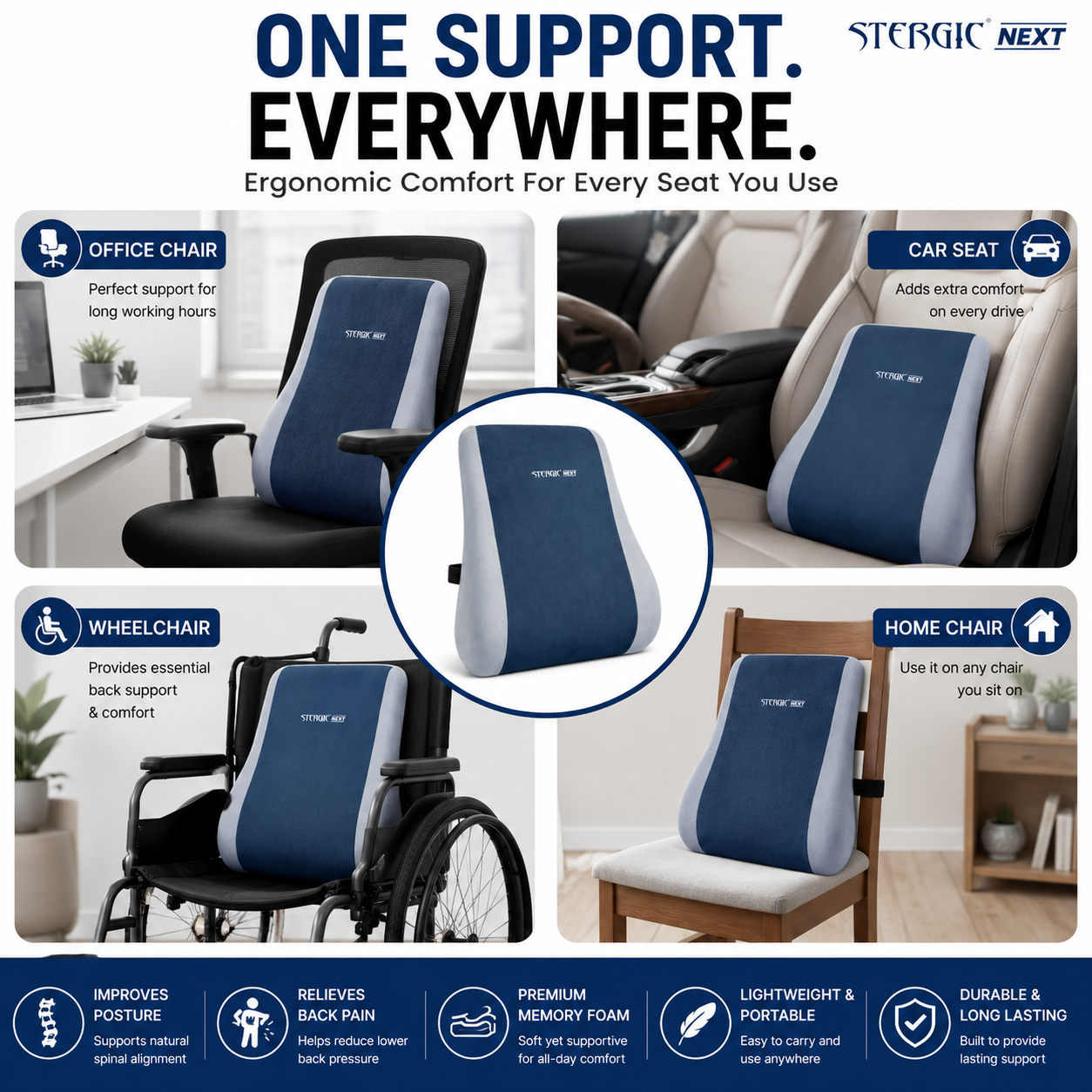 STERGIC Next Memory Foam Lumbar Support for Chair - Back Cushion
