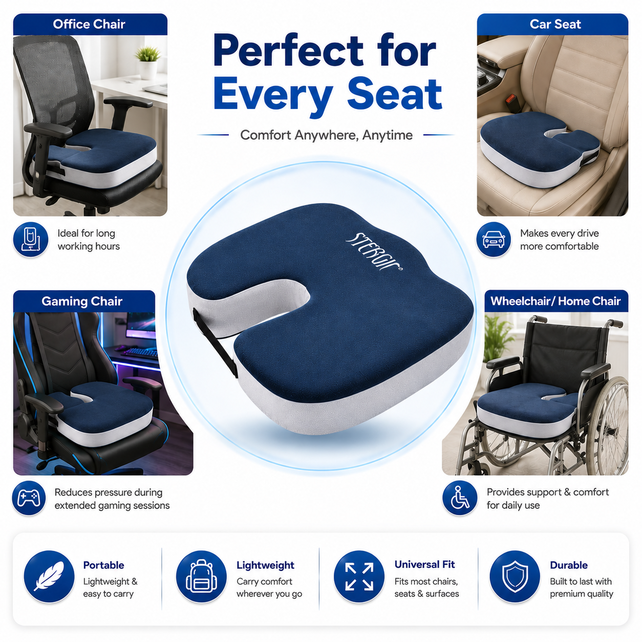 STERGIC NEXT Coccyx Seat Cushion (High Density) with Memory Foam