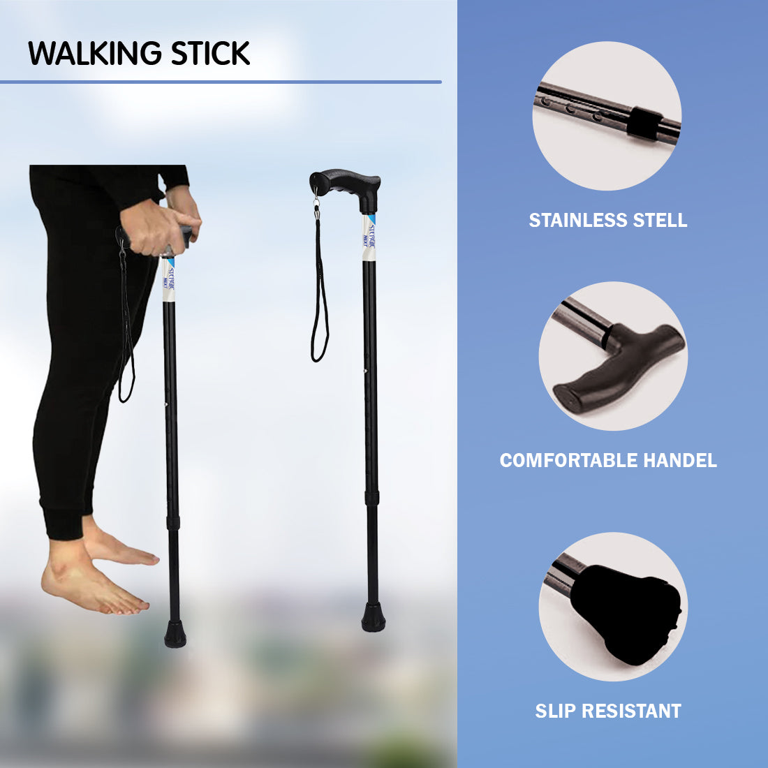 STERGIC NEXT Strong Adjustable Walking Stick with Adjustable Height