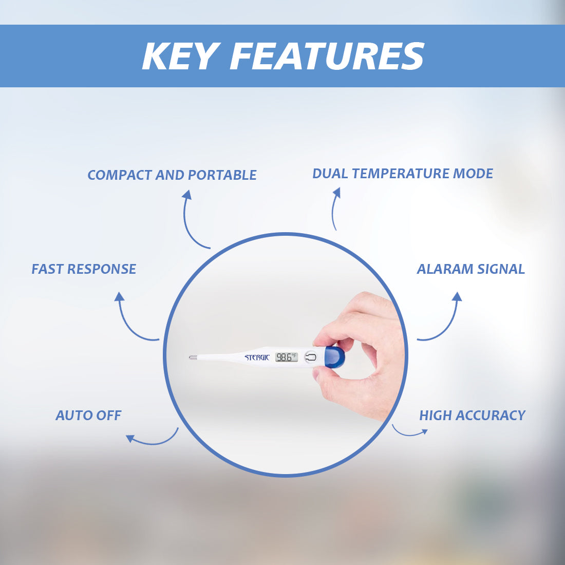 Stergic Digital Thermometer With Quick Measurement of Oral & Underarm Temperature in Celsius & Fahrenheit with One Touch Operation For Child and Adult