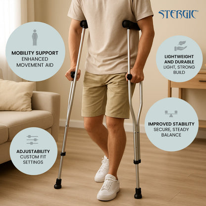 STERGIC Auxiliary Crutches, Adjustable Underarm Crutches for Adults & Seniors, Ergonomic Grip & Comfortable Support for Injury Recovery & Mobility Assistance | Pair
