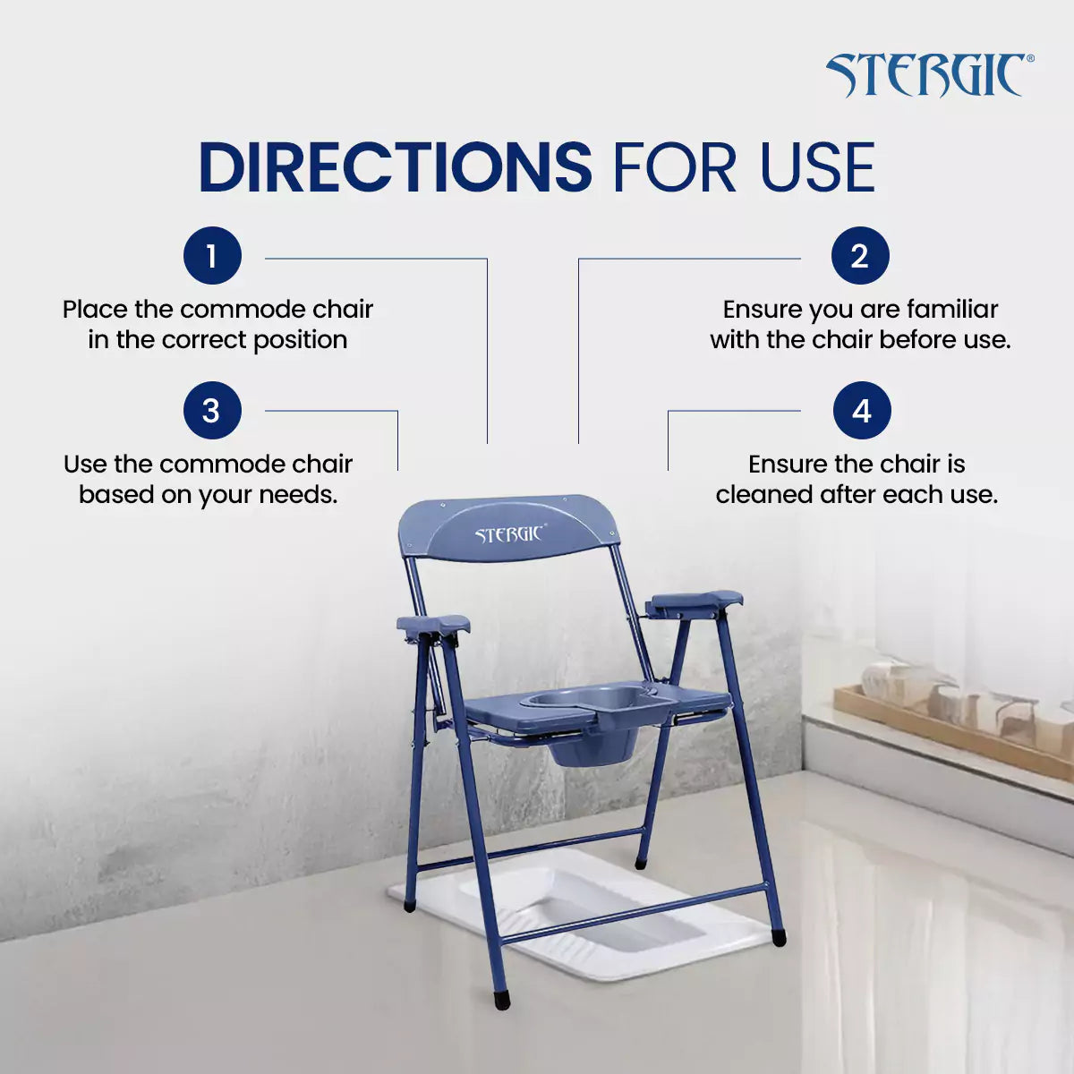 STERGIC NEXT Foldable Anti-Slip Shower Commode Chair for Toilet with Stainless Steel Frame, Sturdy, 150Kg Capacity