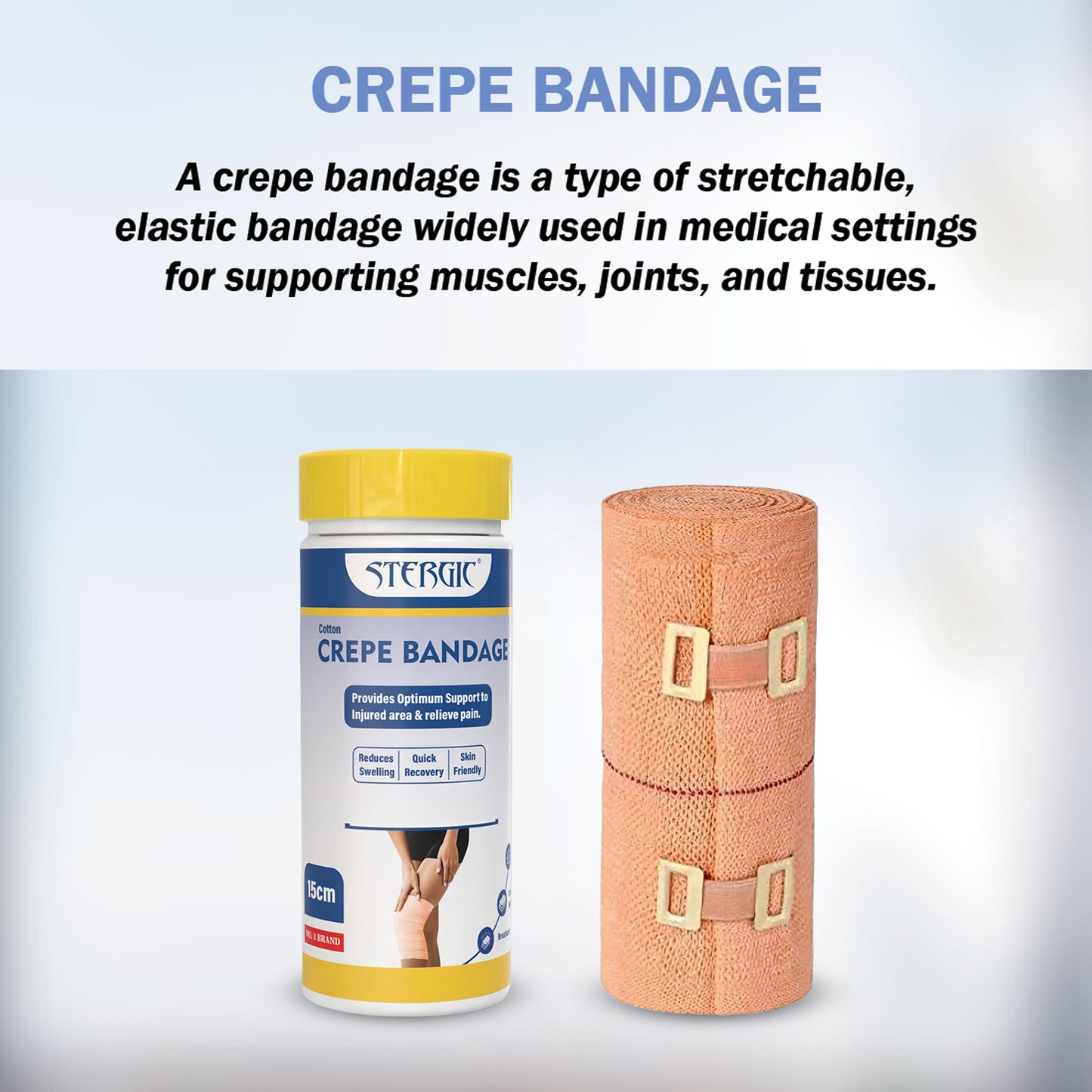 STERGIC Cotton Crepe Bandage with Flexible Clips | Pain Relief Garam Patti for Injury & Muscle Compression | for Sports Injuries and First Aid | Versatile, Soft, and Stretchable | Pack of 1 (15cm X 4m)