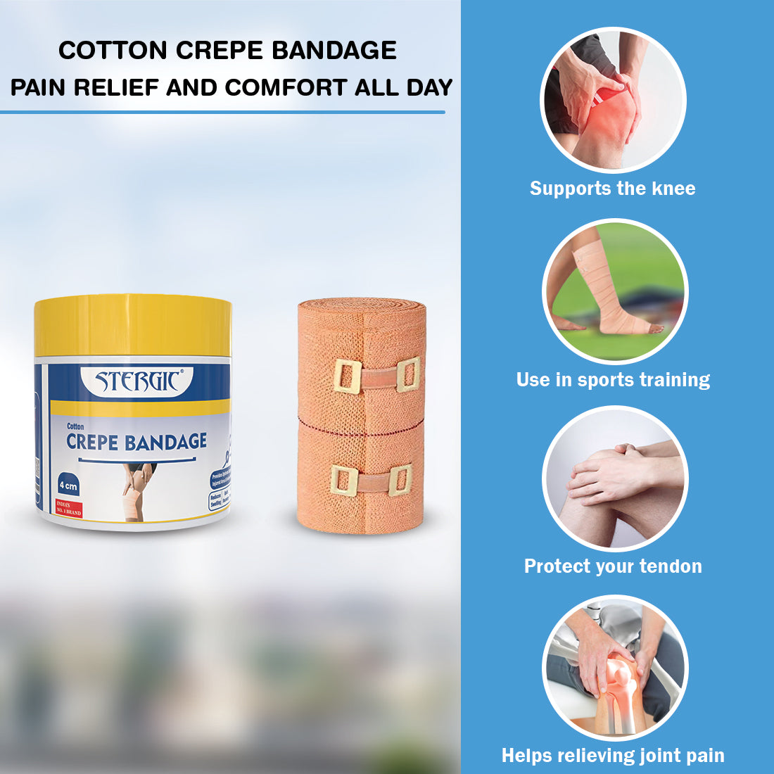 STERGIC Cotton Crepe Bandage with Flexible Clips | Pain Relief Garam Patti for Injury (6cm X 4M)