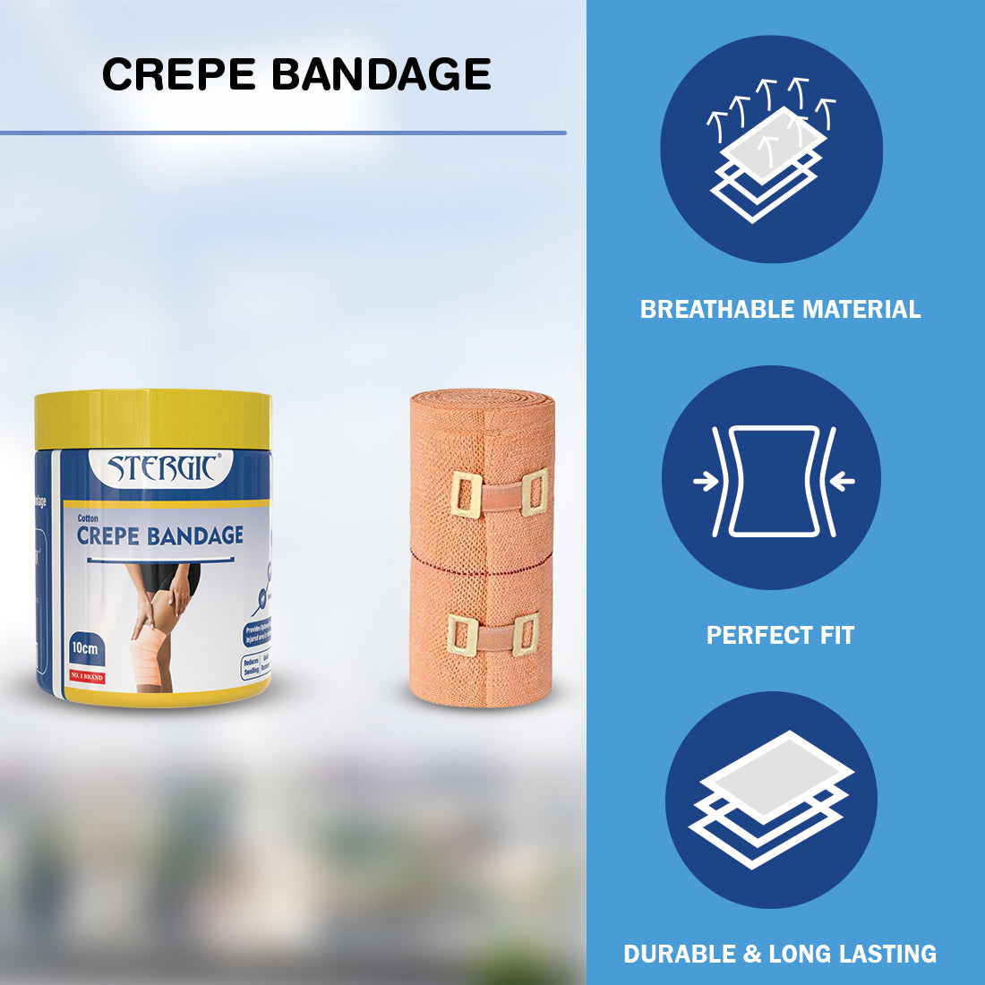 STERGIC Cotton Crepe Bandage with Flexible Clips | Pain Relief Garam Patti for Injury & Muscle Compression | for Sports Injuries and First Aid | Versatile, Soft, and Stretchable | Pack of 1 (10cm X 4m)