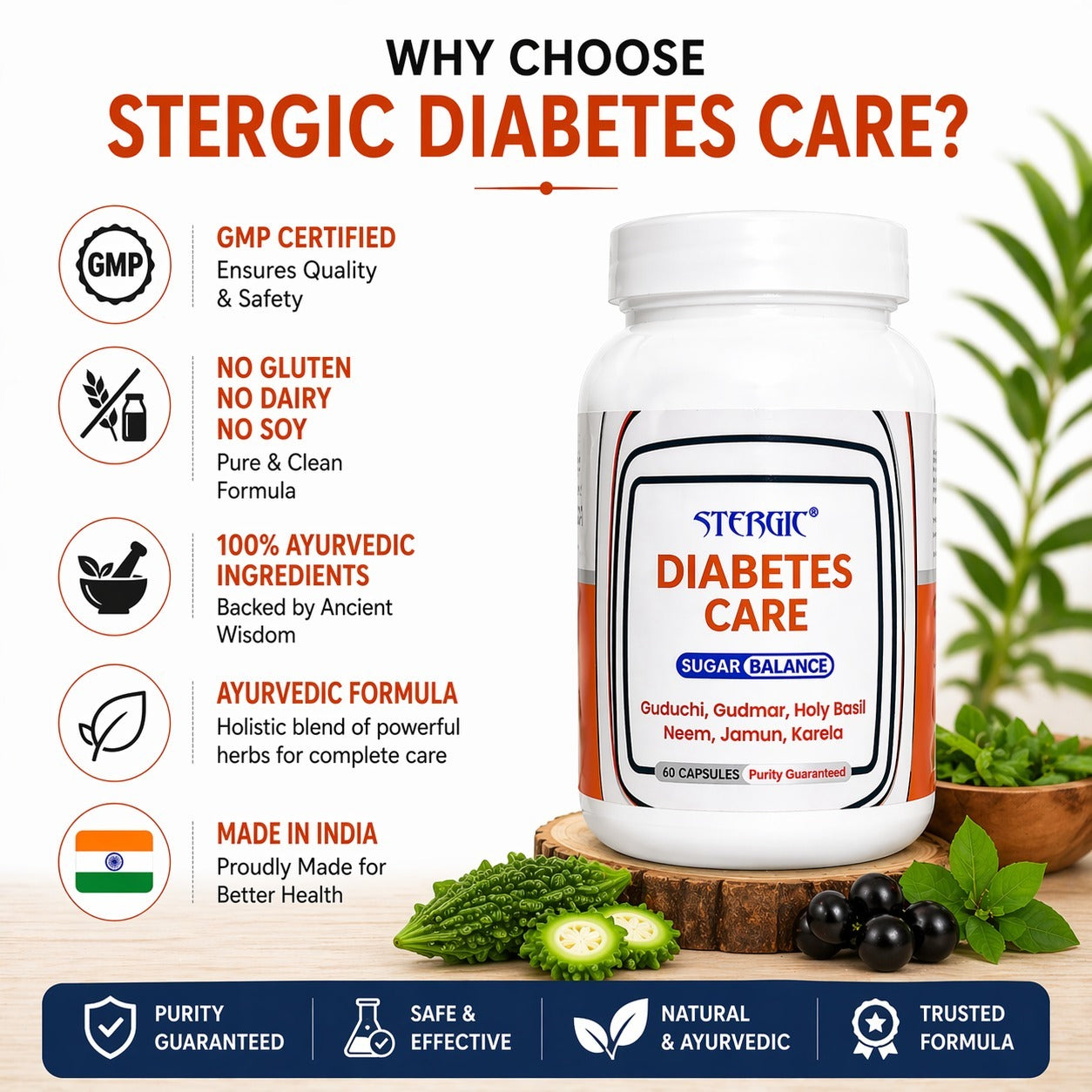 STERGIC Diabetes Care Capsules – Ayurvedic Sugar Balance Support | 60 Capsules